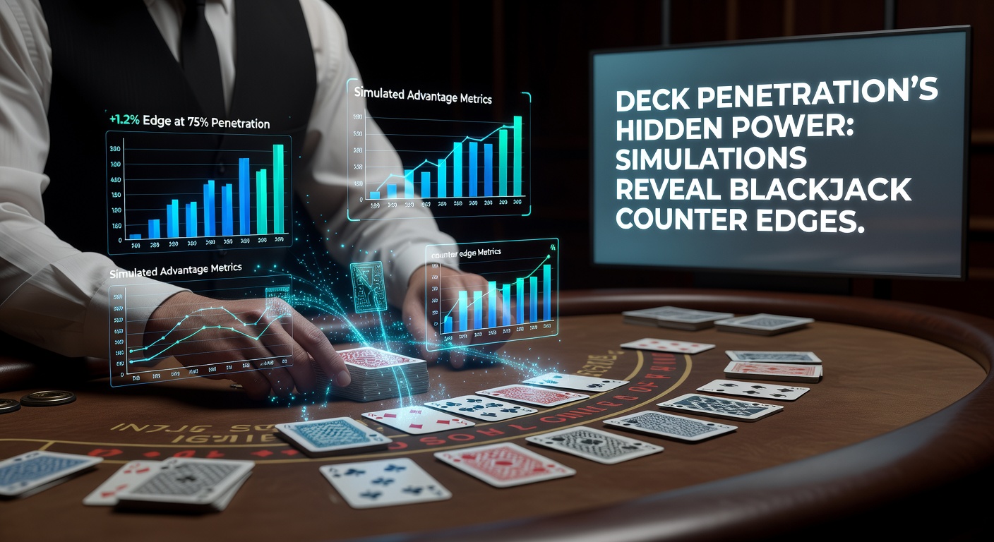 Computer simulation graphic showing blackjack shoe penetration levels with card counting edges highlighted in charts and graphs