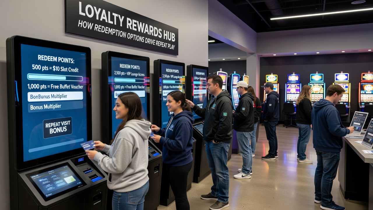 Casino floor with players using mobile apps to redeem loyalty points at regional gaming facility