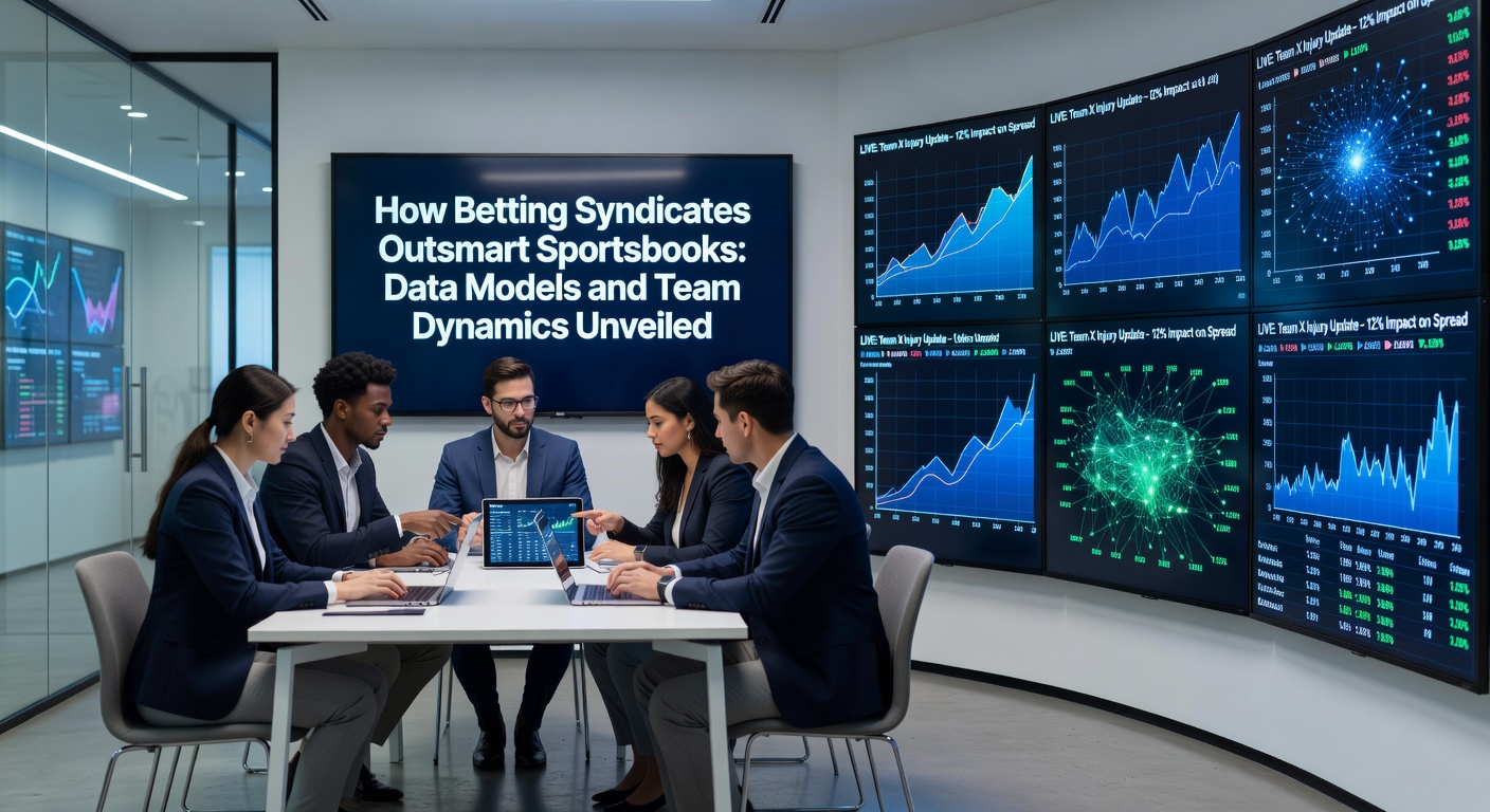 Visual representation of a betting syndicate team analyzing data models on multiple screens, highlighting algorithms and betting lines
