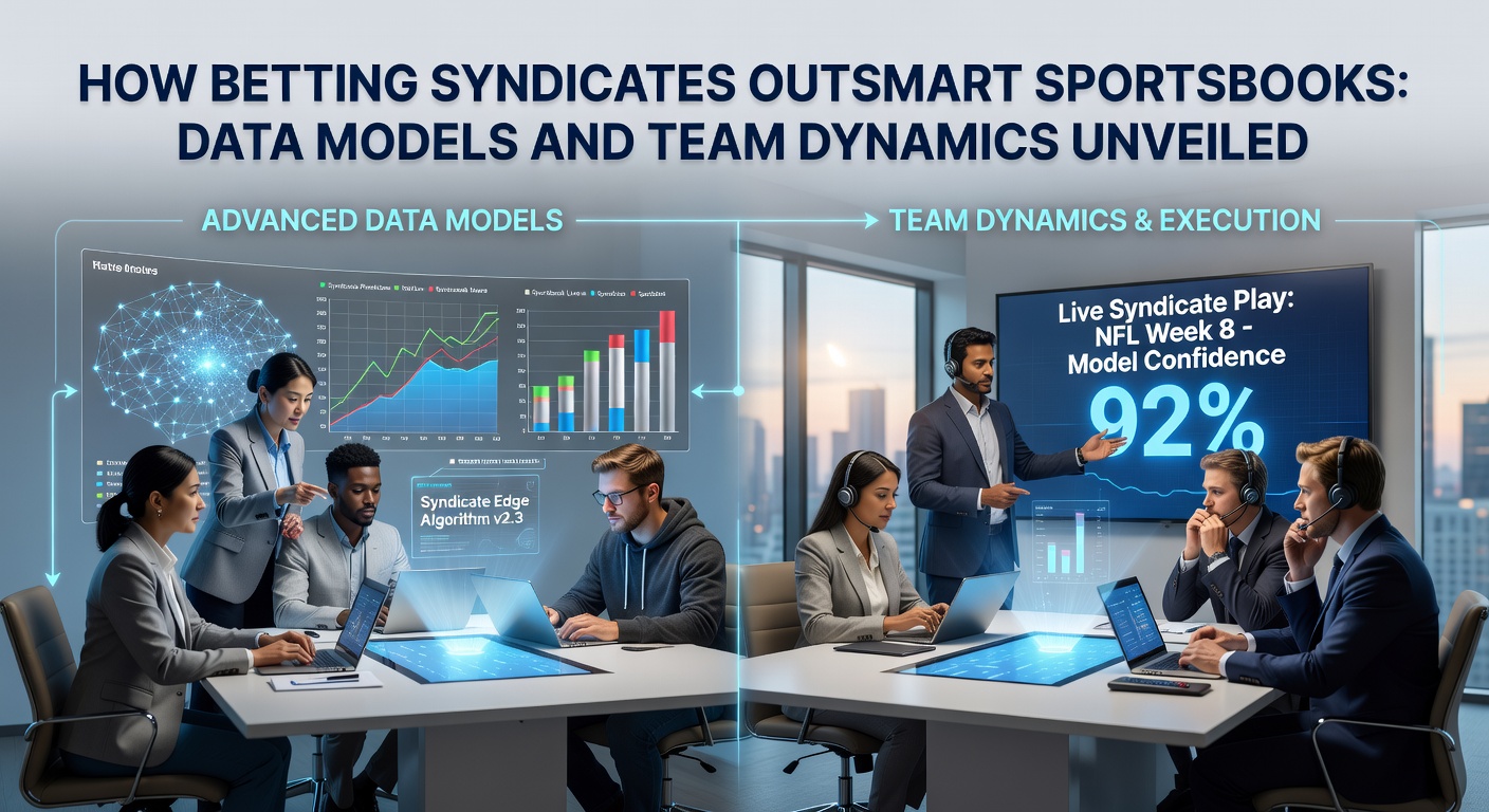 Infographic showing team roles in a betting syndicate, from data scientists to bet runners, with flowcharts of model inputs and outputs