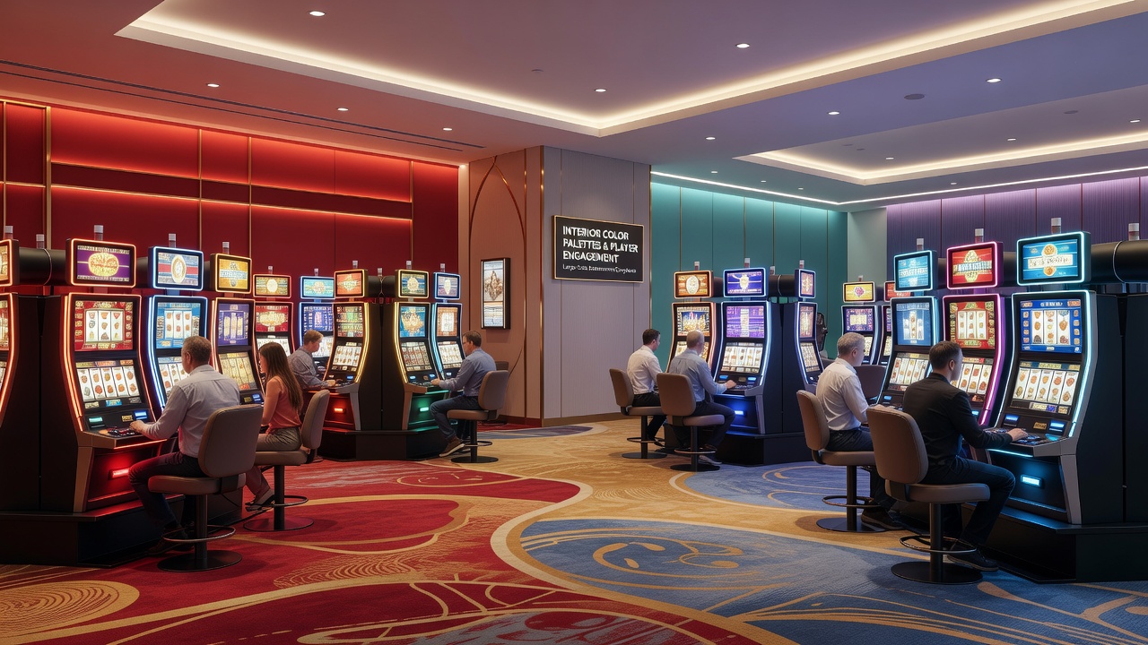 Close-up view of slot machine area with coordinated color scheme and ambient lighting