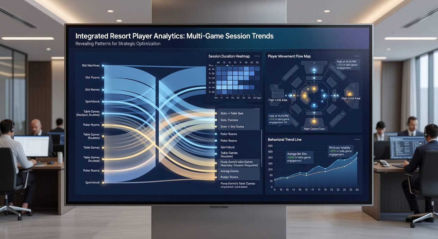 Integrated resort player tracking interface showing multi-game session analytics dashboard
