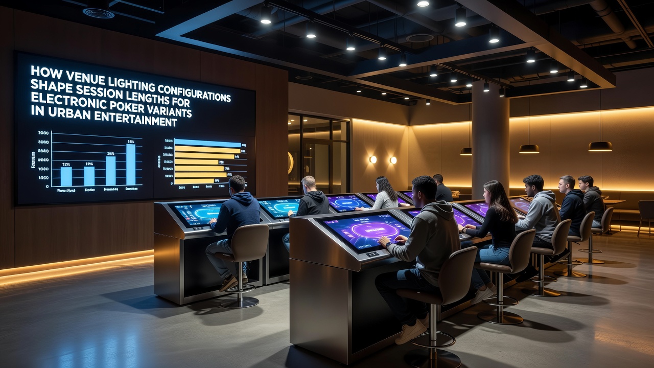 Close-up of electronic poker screens under soft indirect lighting in a partitioned urban gaming area