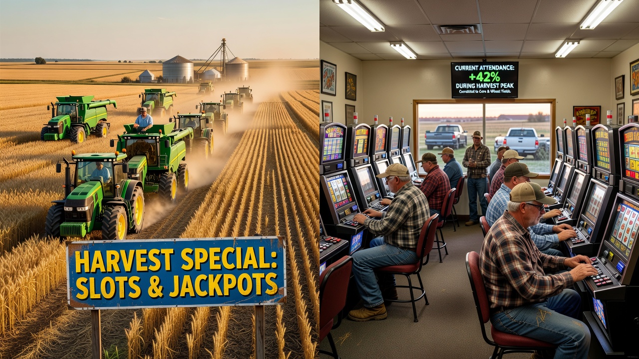 Interior view of a rural slot parlor with machines and a few patrons during afternoon hours