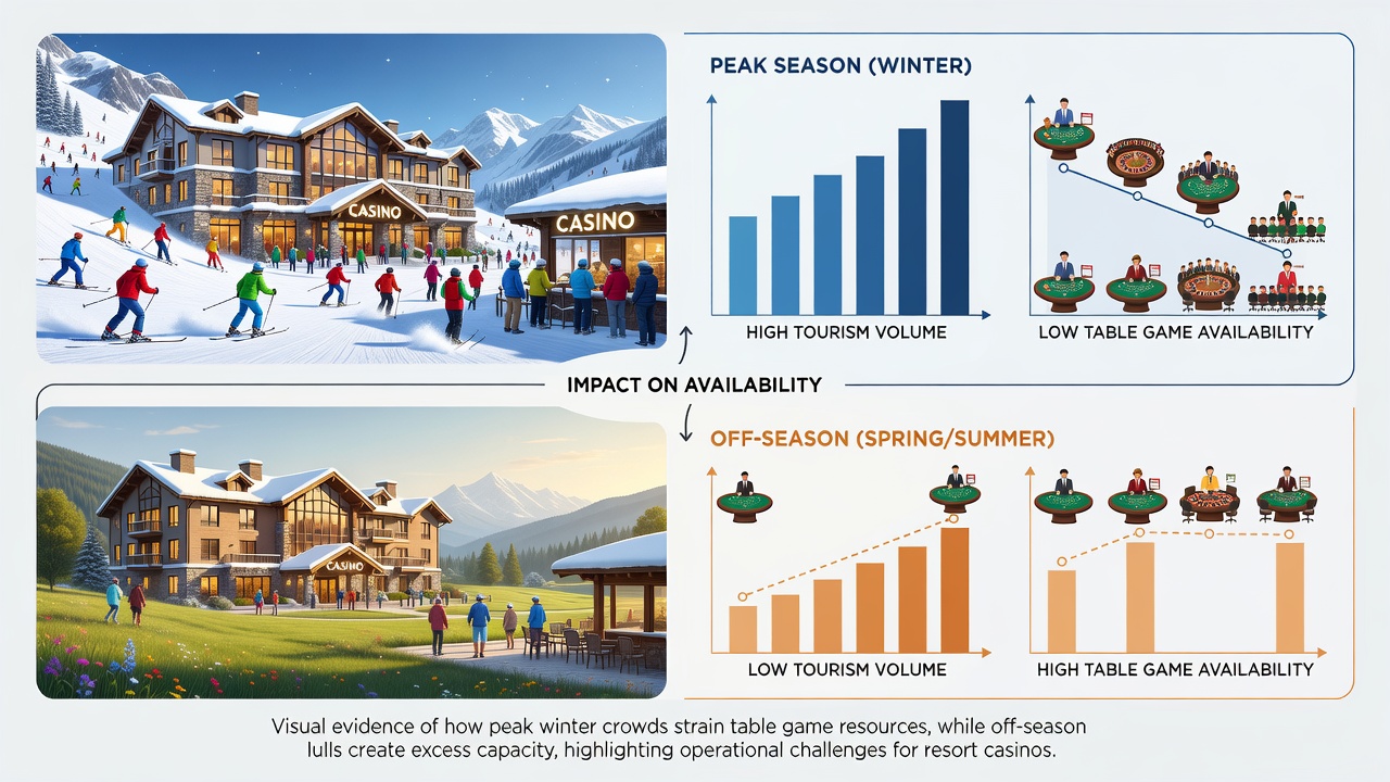 Casino floor at a mountain resort with reduced table game sections during off-peak season
