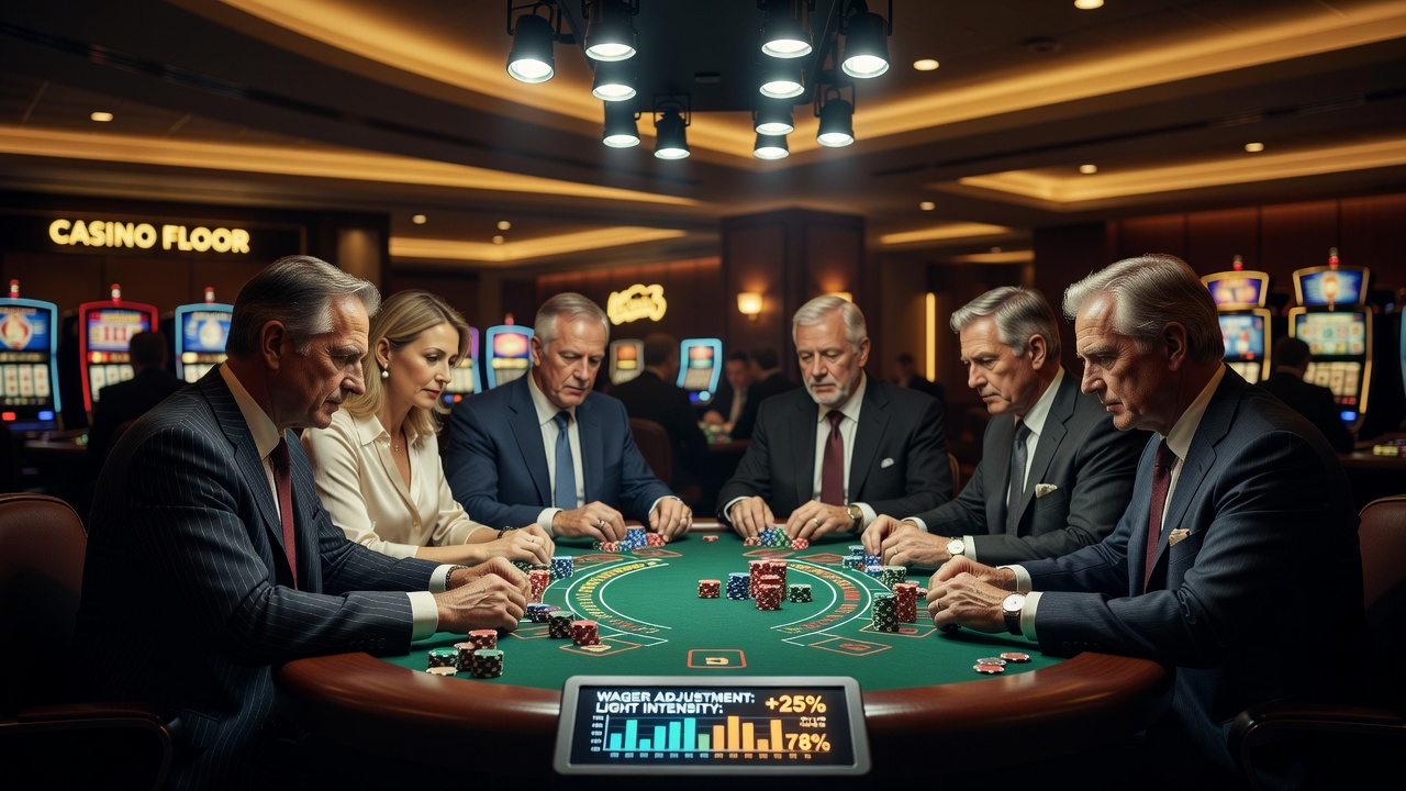 Overhead view of a crowded casino pit area showing subtle lighting changes above roulette and blackjack tables with active players