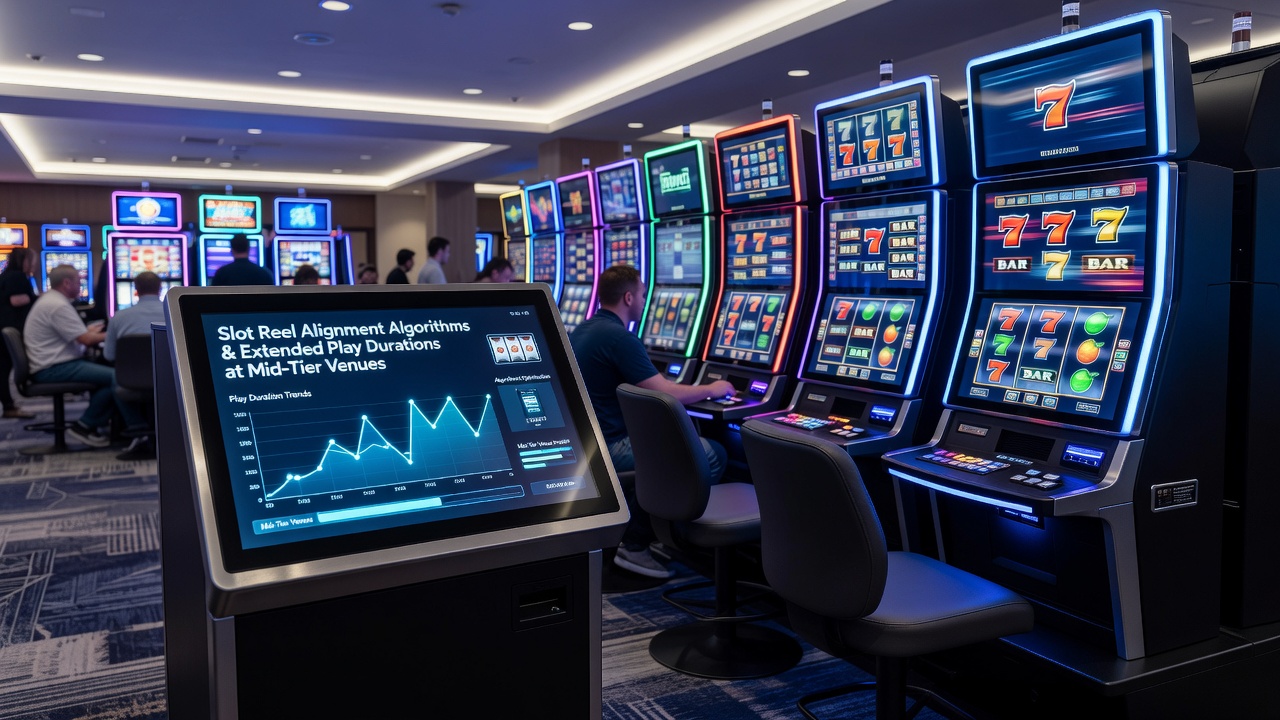 Casino floor view showing clusters of slot machines with active player sessions at a mid-tier venue