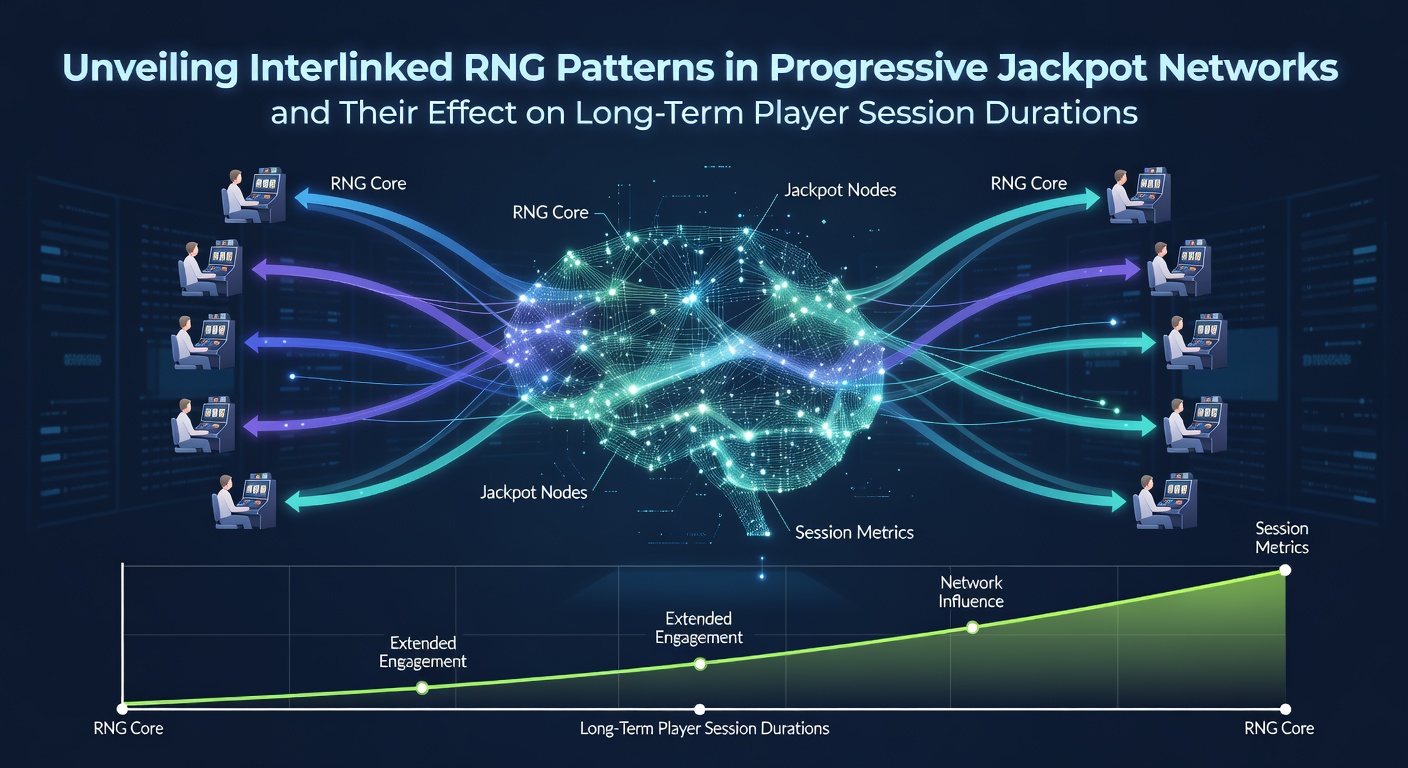 Network diagram showing interconnected progressive jackpot machines across multiple casino floors with RNG data flows highlighted