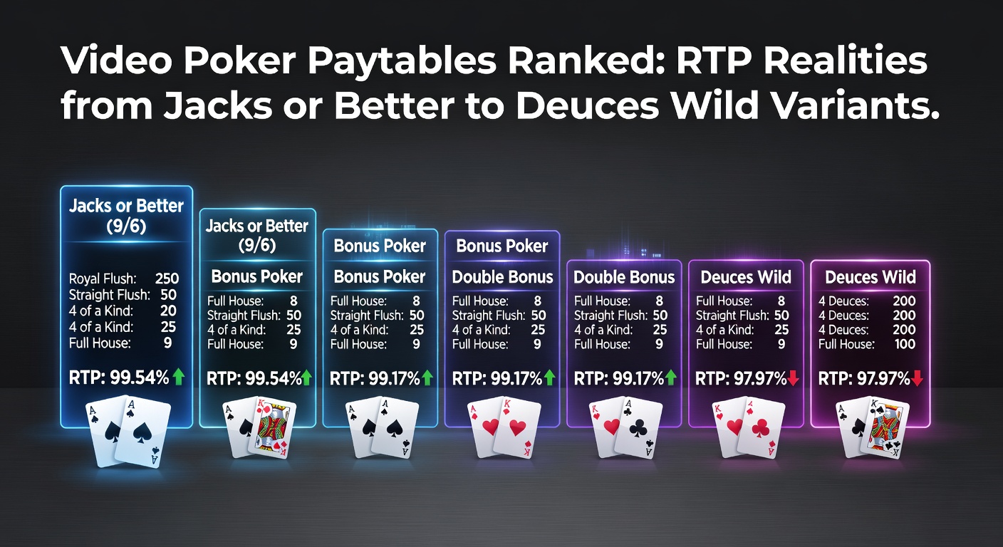 Classic video poker machine displaying a royal flush payout on a 9/6 Jacks or Better paytable, highlighting high RTP potential in bright casino lighting
